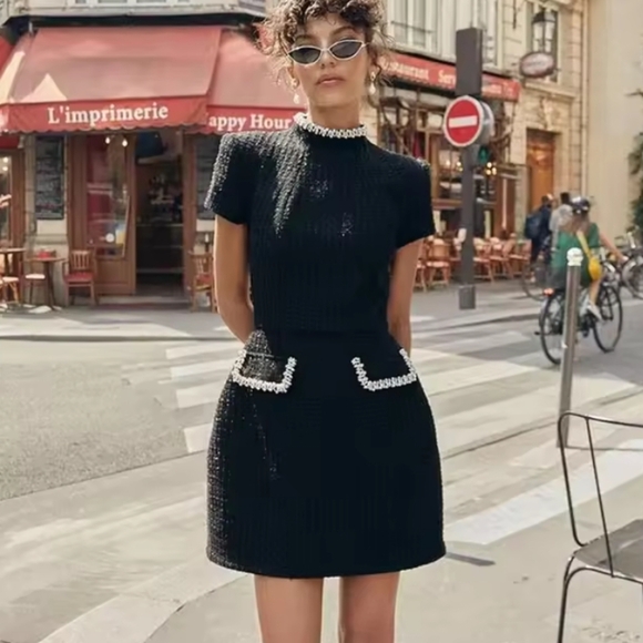 Dresses & Skirts - Tweed Long Sleeve Dress Women Fashion Shiny Square Collar Shoulder Pads Dress